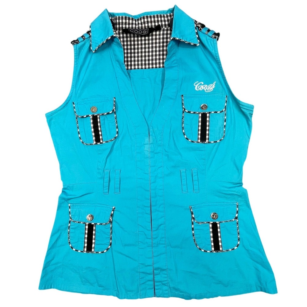 Coogi Blue Gingham Trim Embroidered Crest Vest Top Womens Large